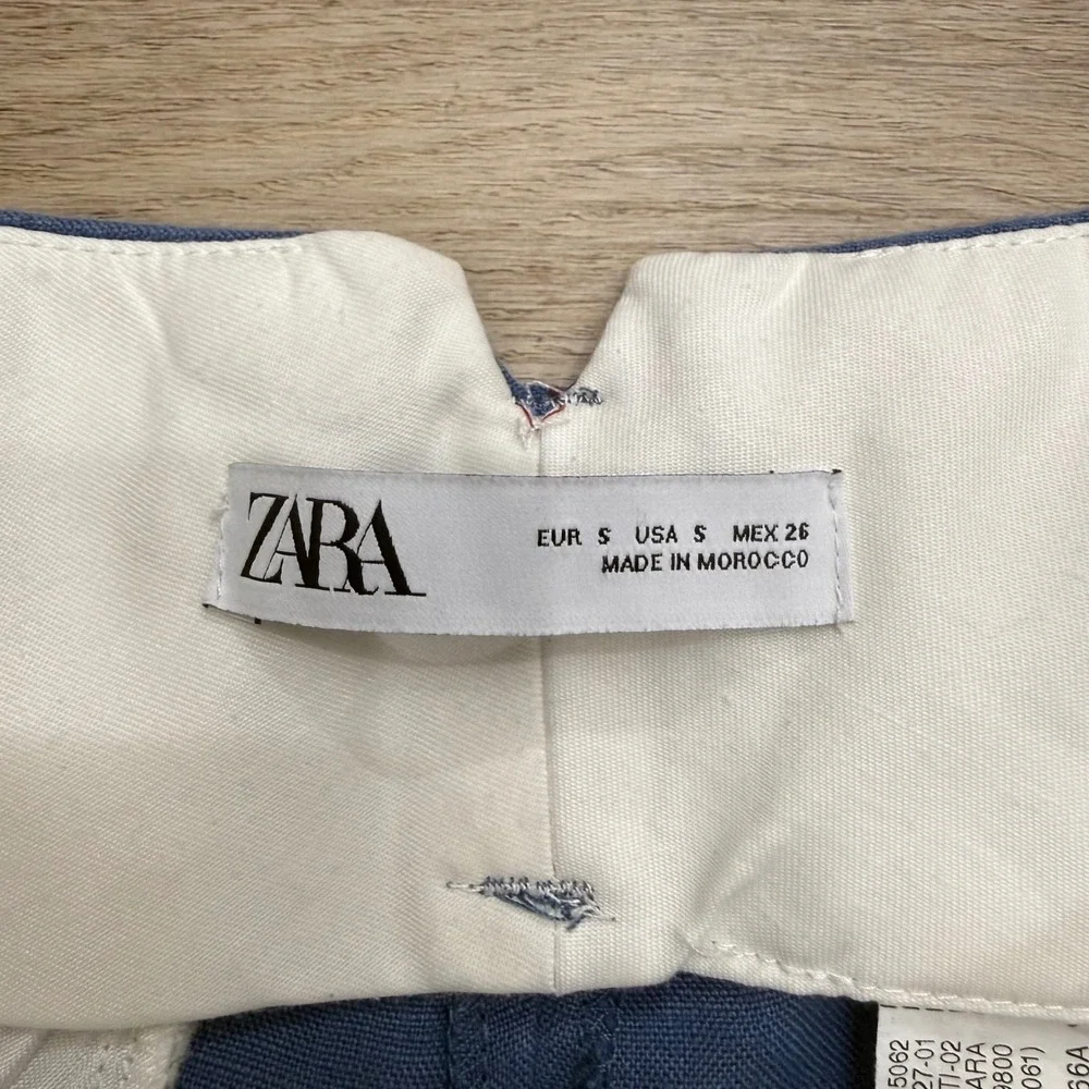 Zara Blue Linen Ultra High Waisted Wide Leg Pleated Trousers Pants Scandi Size S